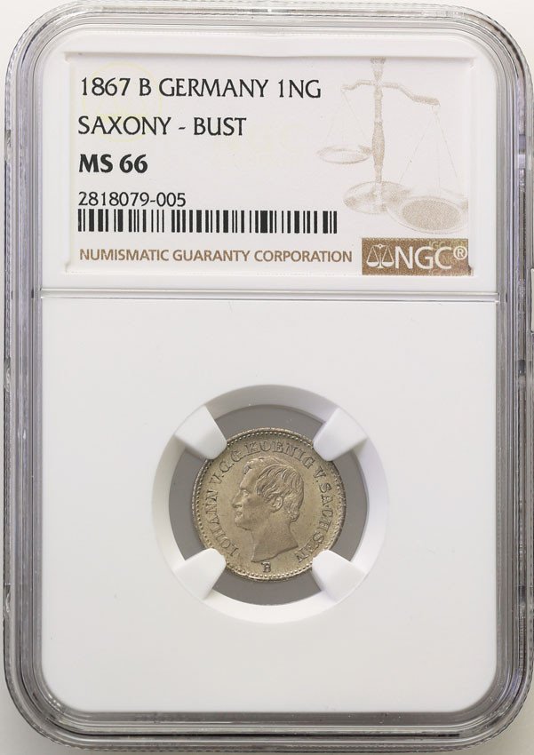 Niemcy, Saksonia. 10 fenigów 1867 B NGC MS66